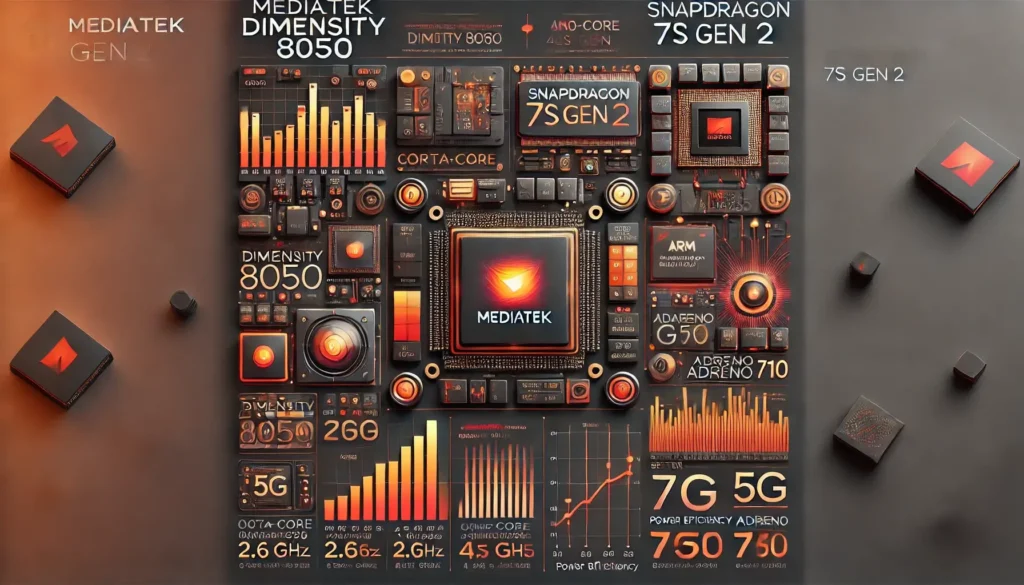 DALL·E 2024-09-23 11.41.48 - An infographic comparing the MediaTek Dimensity 8050 and Snapdragon 7s Gen 2 chipsets in terms of performance. The infographic is split into two colum (1)